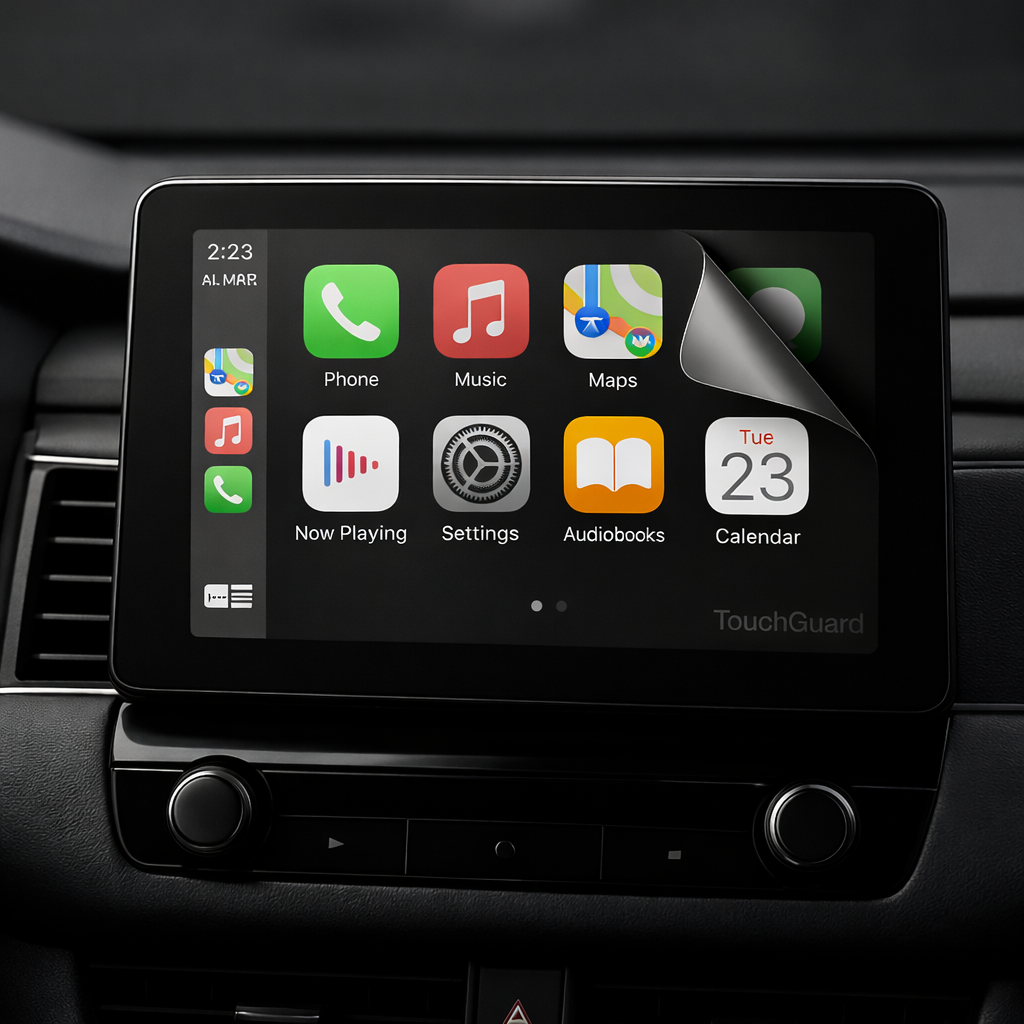 Car touchscreen infotainment screen protector with anti-glare, anti-fingerprint and scratch-resistant features.