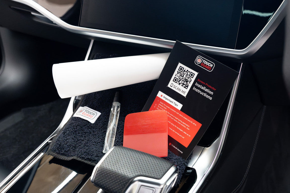 Car touchscreen infotainment screen protector with anti-glare, anti-fingerprint and scratch-resistant features.