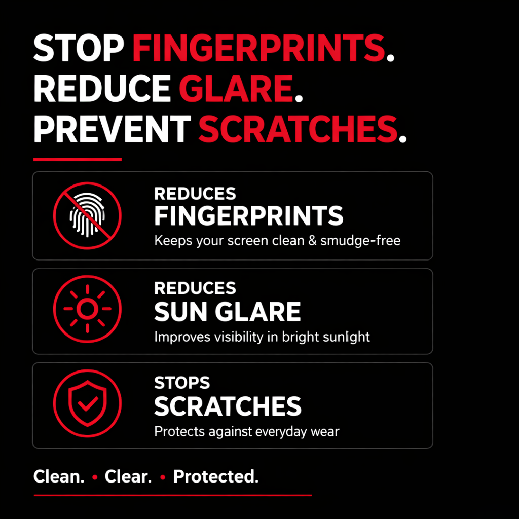 Car touchscreen infotainment screen protector with anti-glare, anti-fingerprint and scratch-resistant features.